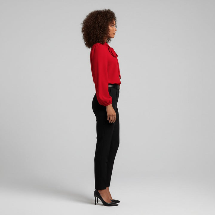 Women's elegant bow-tie long-sleeve blouse with puff sleeves. A versatile top for sophisticated office & casual looks.