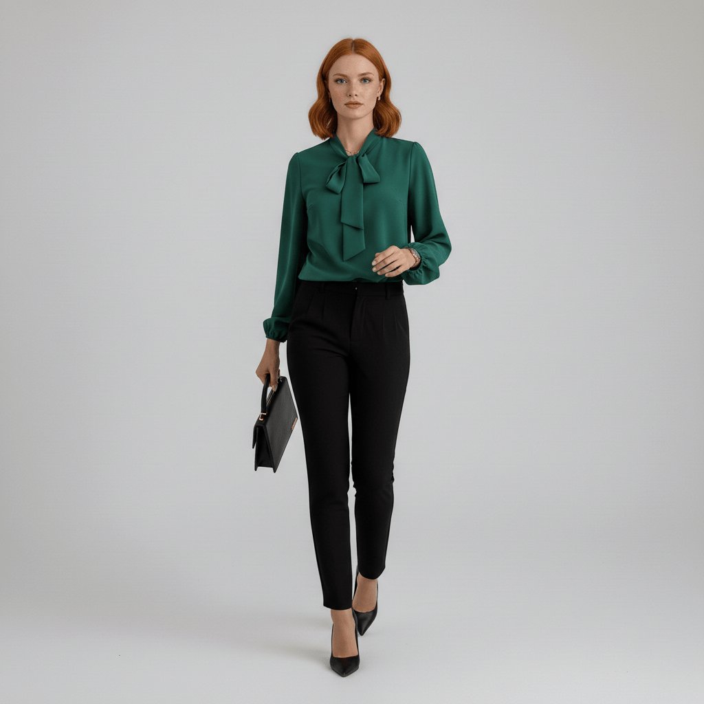 Comfortable & elegant women's bow-tie long-sleeve blouse. Perfect sophisticated office wear or smart casual puff sleeve top.