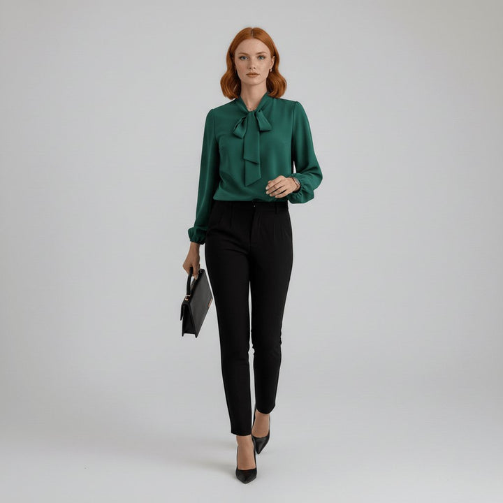 Comfortable & elegant women's bow-tie long-sleeve blouse. Perfect sophisticated office wear or smart casual puff sleeve top.