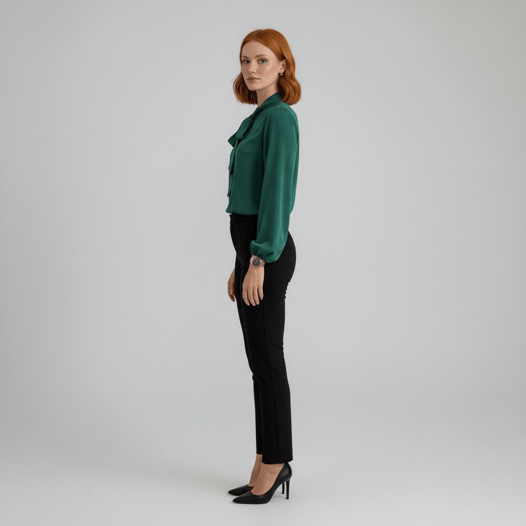 Versatile women's elegant long-sleeve blouse with bow-tie neck. Relaxed fit & puff sleeves for smart casual office fashion.