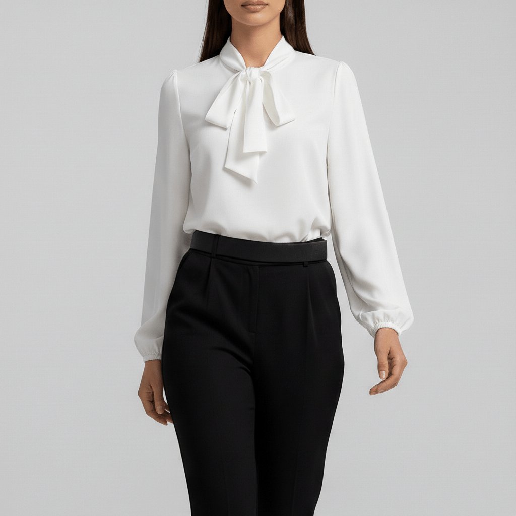 Sophisticated women's long-sleeve blouse featuring an elegant bow-tie. Relaxed fit, puff sleeves for office & casual style.