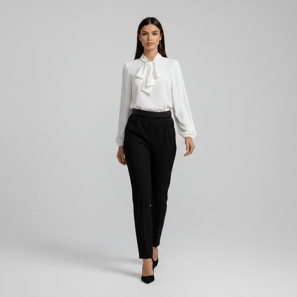 Stylish women's bow-tie long-sleeve blouse. Elegant puff sleeve top with a relaxed fit, ideal for office or smart casual.