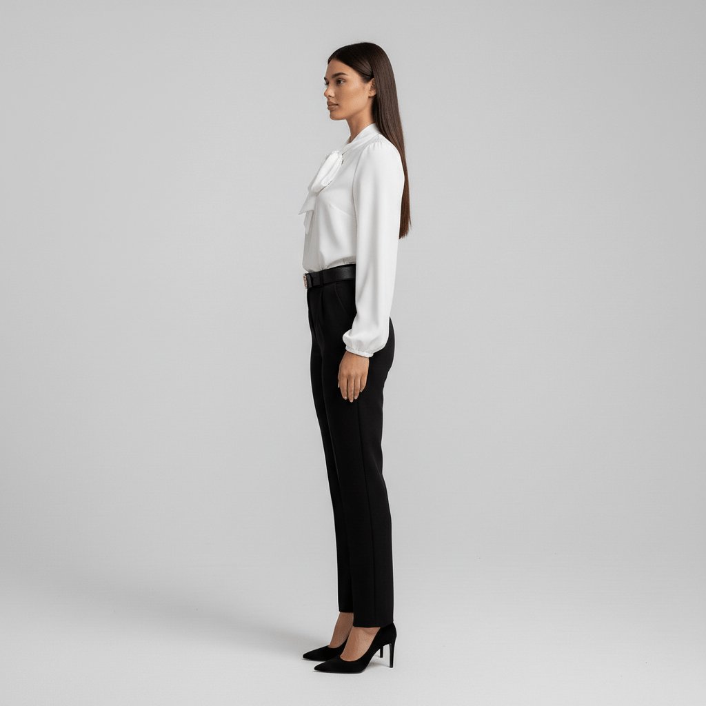 Women's elegant bow-tie long-sleeve blouse for any occasion. Relaxed fit, puff sleeves, sophisticated for office & casual.