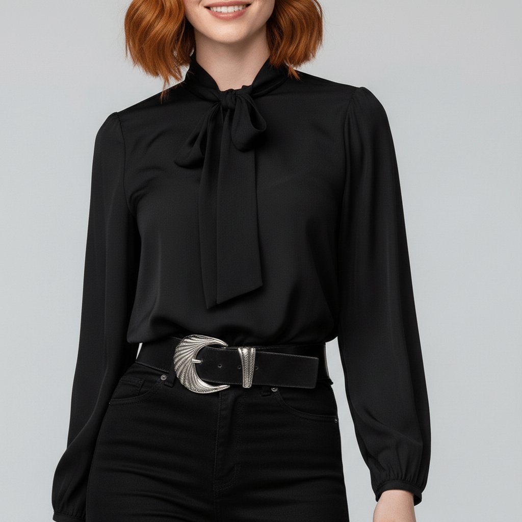 Elegant women's long-sleeve bow-tie blouse. Sophisticated relaxed fit top with stylish puff sleeves for office & smart casual.