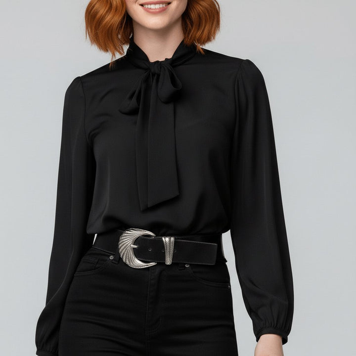 Elegant women's long-sleeve bow-tie blouse. Sophisticated relaxed fit top with stylish puff sleeves for office & smart casual.