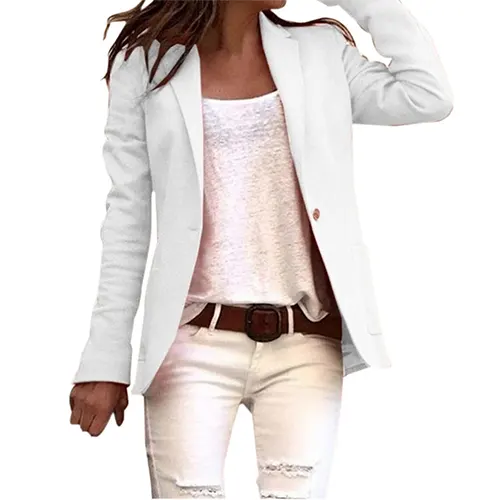 Women's versatile tailored blazer, perfect for office or casual chic. Long sleeve, button-front, elegant business casual.