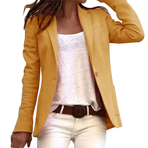 Chic casual women's blazer. Effortless long sleeve jacket with lapels, great for everyday stylish outerwear.