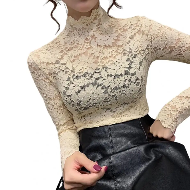 Stylish women's short sleeve lace blouse, perfect for a chic office look or elegant evening attire.