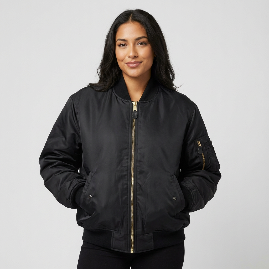 Woman enjoying outdoors in a stylish and comfortable women's utility bomber jacket, perfect for casual adventures.