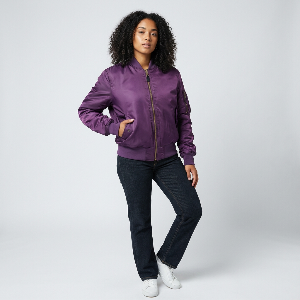 Back view of the women's versatile utility bomber jacket, highlighting its stylish design & fit.