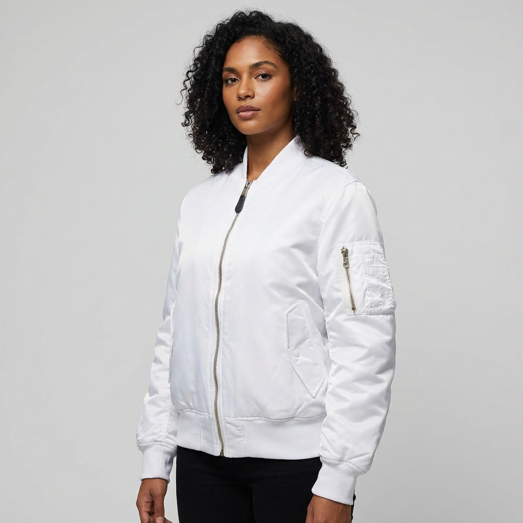 Classic women's bomber jacket in a versatile color, a chic and comfortable piece for any wardrobe.