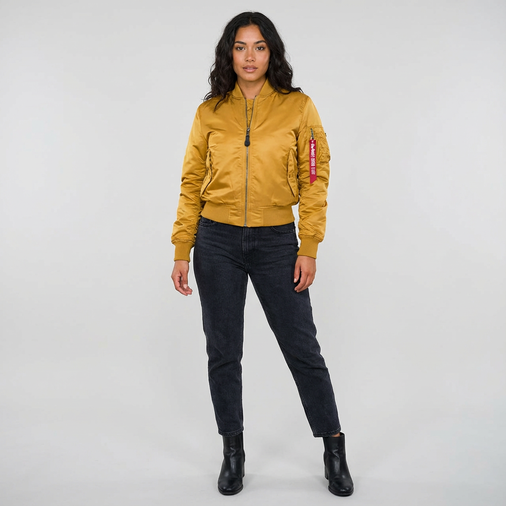 Front view of women's utility bomber jacket, unzipped to showcase its stylish lining and versatile design.