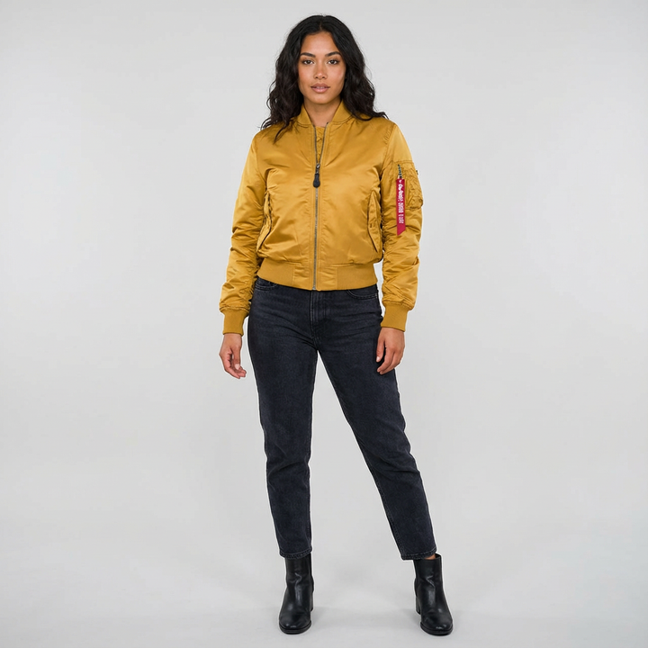 Front view of women's utility bomber jacket, unzipped to showcase its stylish lining and versatile design.