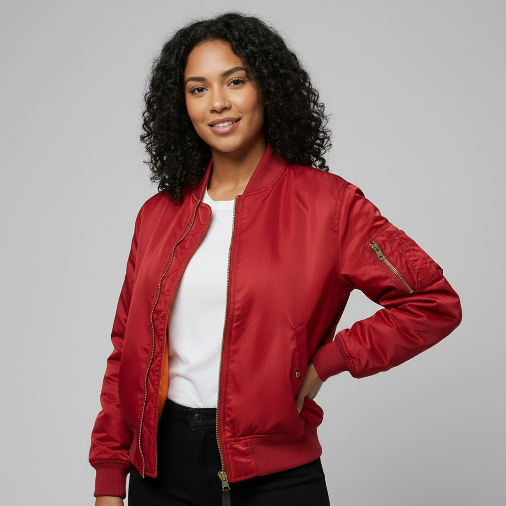 Chic women's relaxed fit bomber jacket for modern layering & comfortable, versatile fashion.
