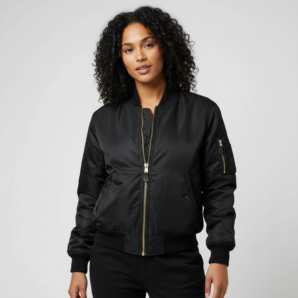 Close-up of the women's stylish bomber jacket fabric, showcasing its modern texture & quality.