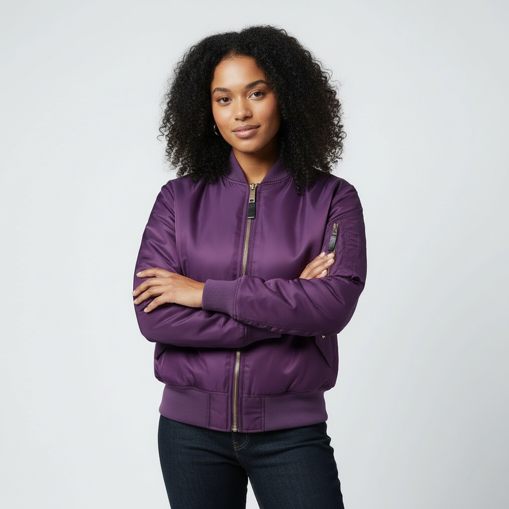 Detail of the women's bomber jacket, showing its sturdy zipper and comfortable ribbed cuffs.
