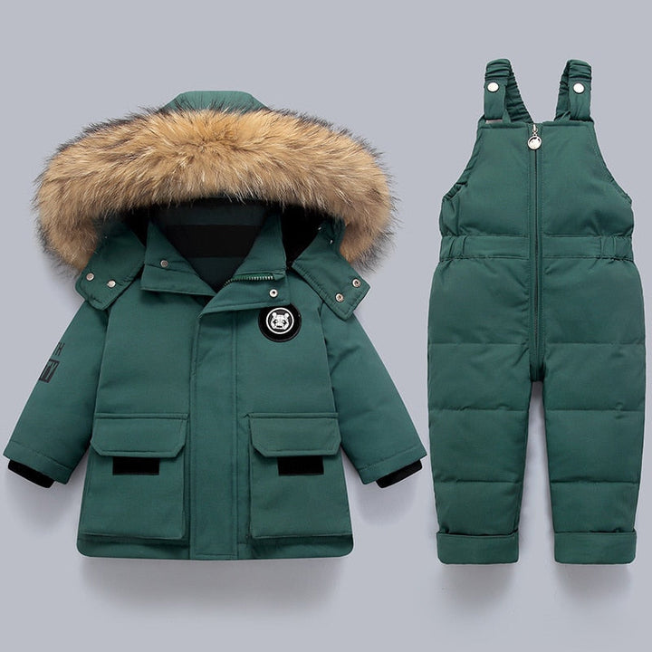 Children's cold weather gear: a stylish two-piece snowsuit set with a hooded winter coat & matching play overall.