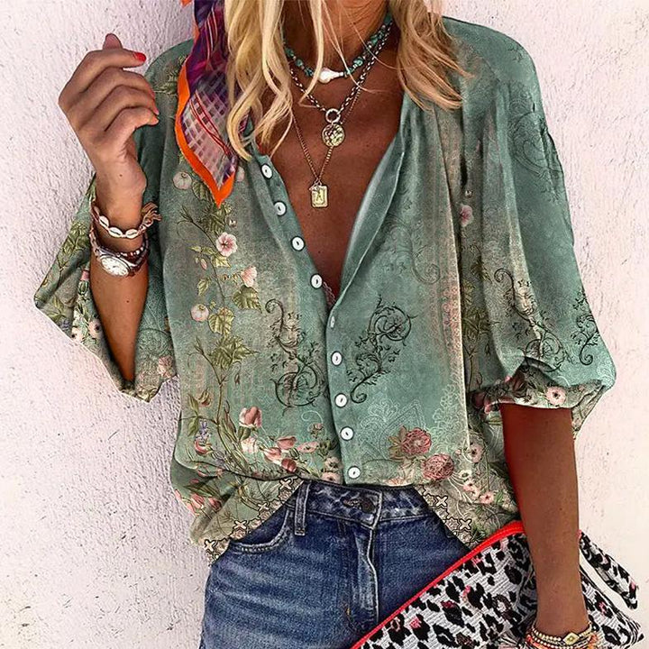 Women's Boho Print V-Neck Blouse with Bell Sleeves