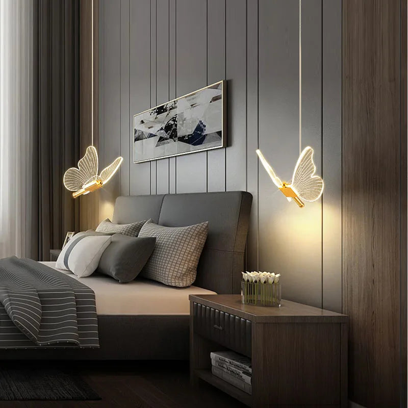 Modern LED butterfly pendant light, a whimsical ceiling fixture for children's rooms. Adjustable nursery lighting.