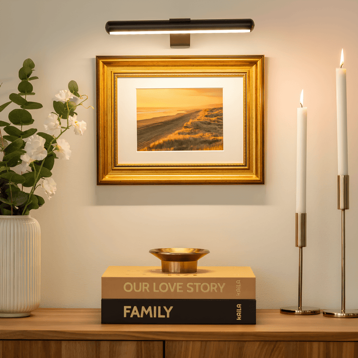 Modern wireless LED accent light. Dimmable wall lamp for art, rechargeable & sleek design for home decor.