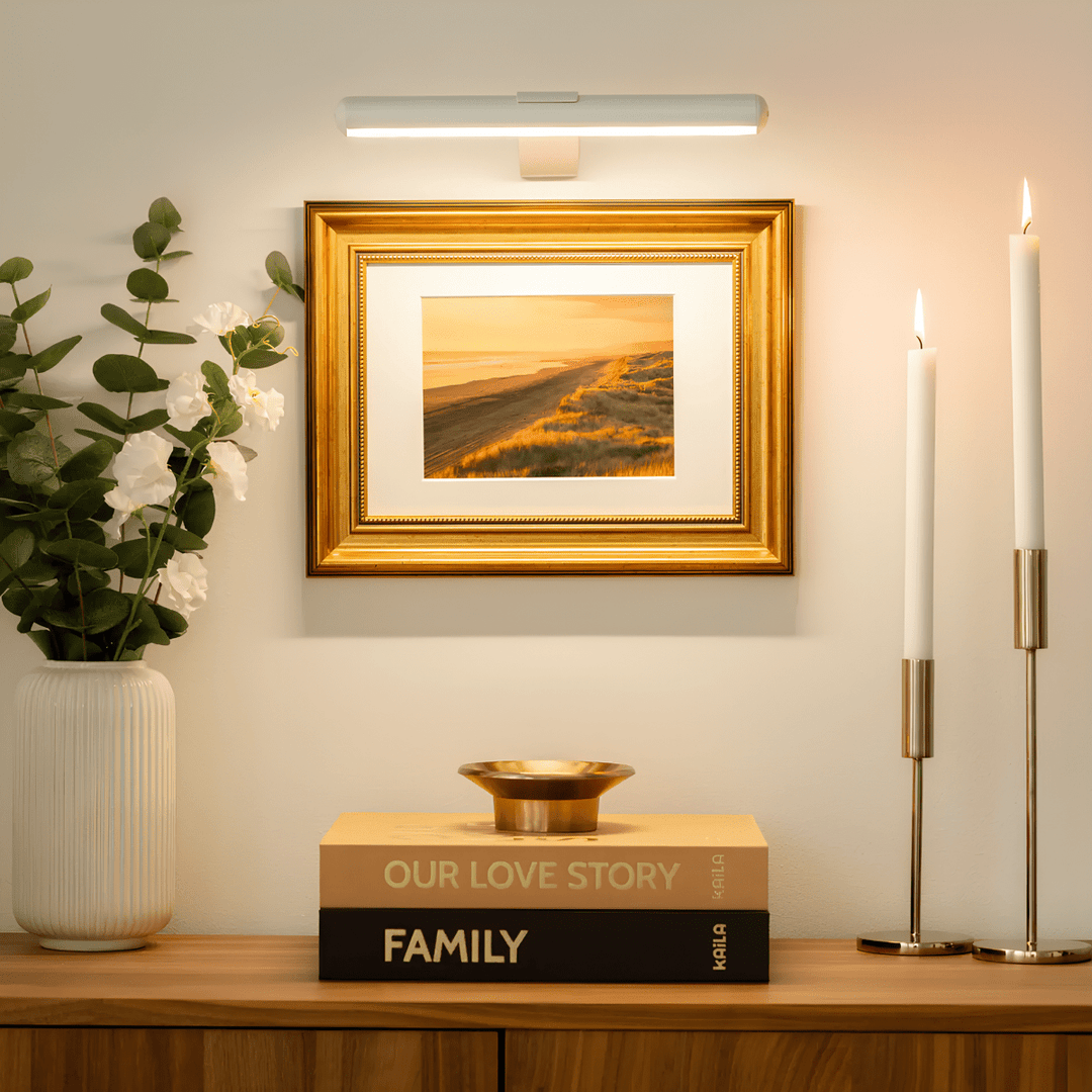 Sleek LED wall lamp, wireless and dimmable. Rechargeable modern light for illuminating art & enhancing home decor.