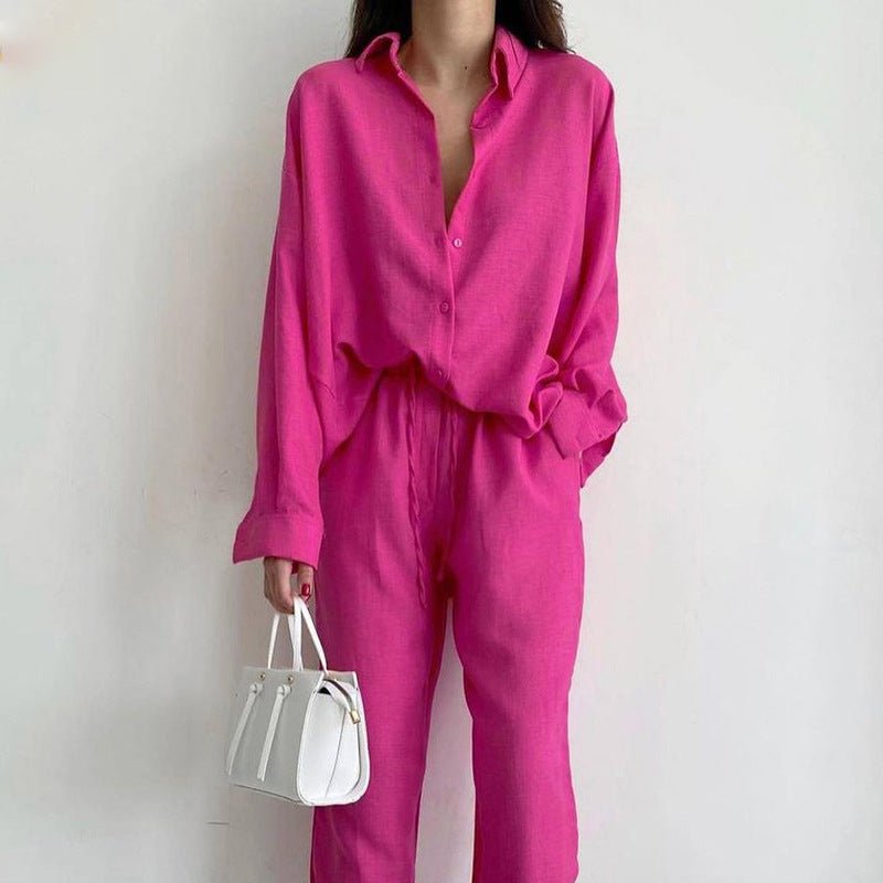 Stylish women's matching blouse and wide leg pants set. Elegant, relaxed fit for casual wear, loungewear, or travel.