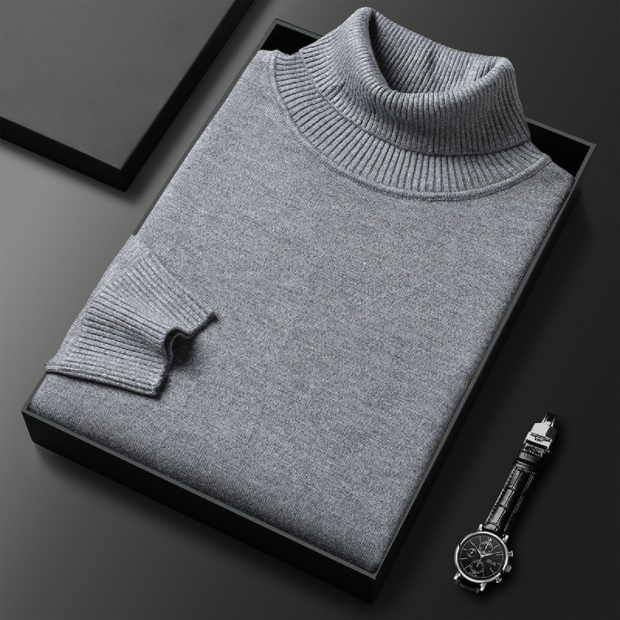 Stylish men's long-sleeve turtleneck, perfect for elegant fall fashion & comfortable winter styling.