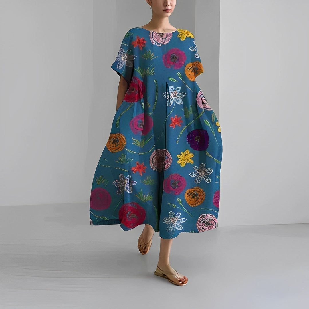 Modest long women's maxi dress, a comfortable loose fit, retro swing style for elegant fashion.
