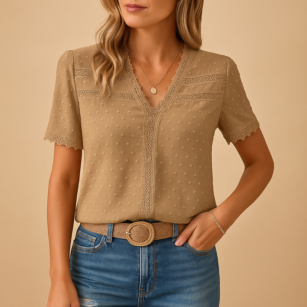 Elegant women's polka dot V-neck blouse with short sleeves, perfect for chic casual wear or summer fashion.