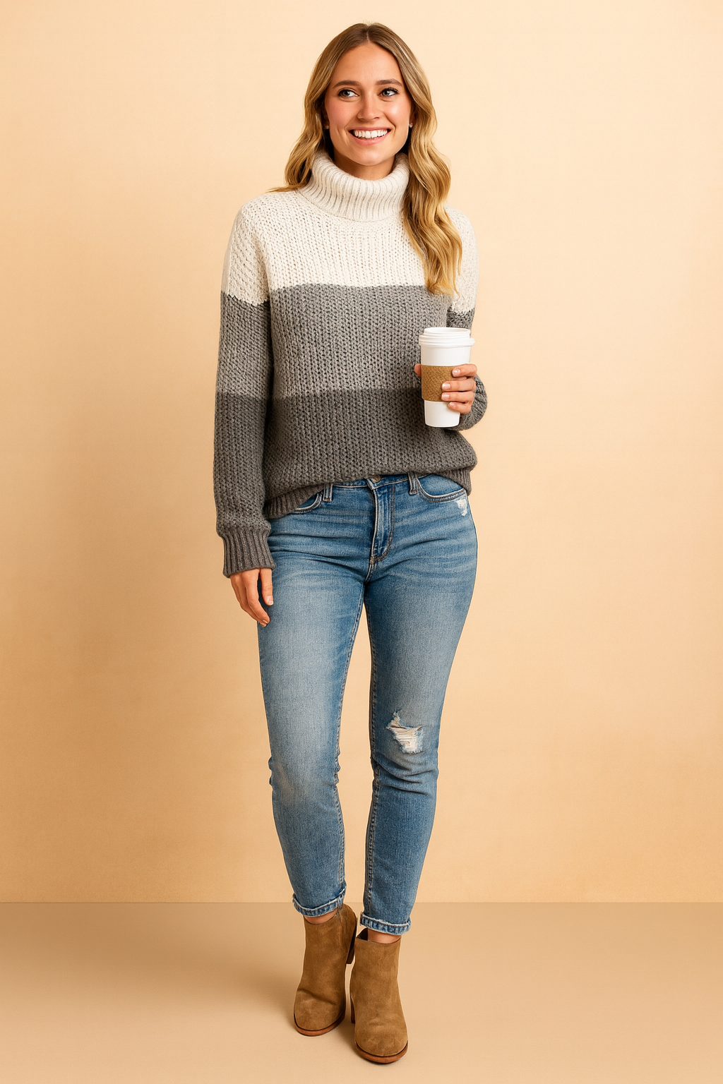 Women's classic gray striped sweater. Elegant, versatile everyday knitwear for a chic, casual look.