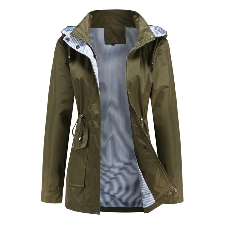 Chic women's waterproof trench coat with detachable hood, perfect for stylish protection against rain & wind.