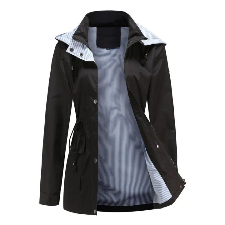 Woman wearing a stylish waterproof trench coat, great for spring showers or autumn chilly weather. Rain coat.