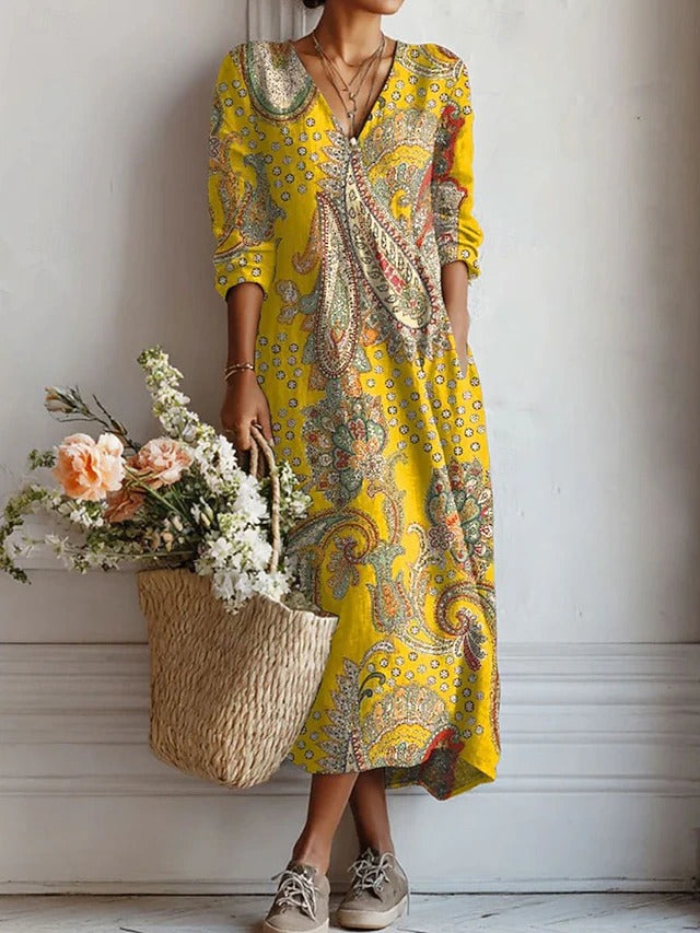 Feminine A-line floral V-neck midi dress for women, embodying elegant spring fashion and summer style.