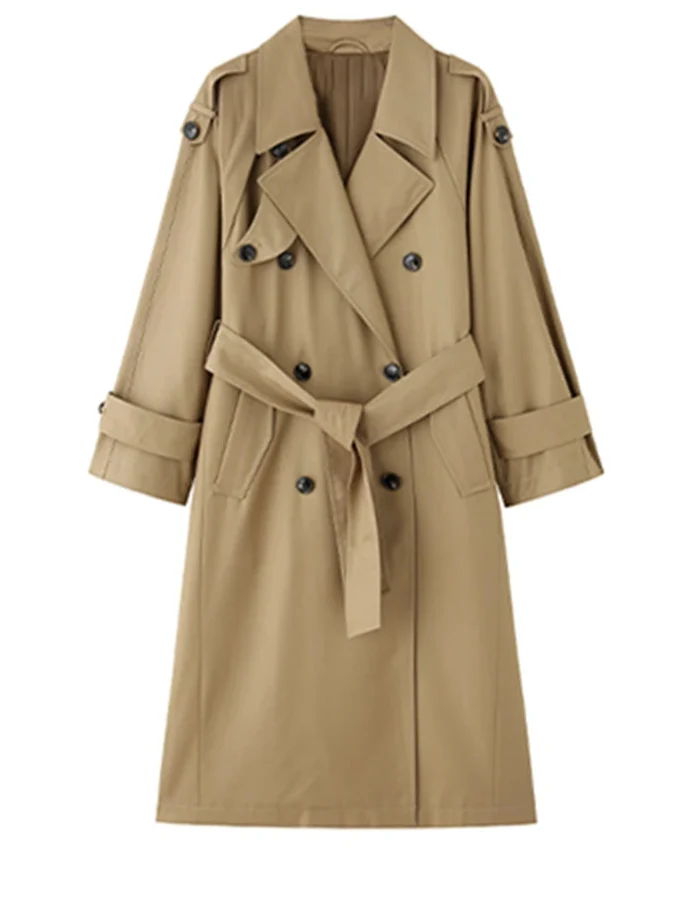 Close-up of a women's oversized long trench coat showing double-breasted buttons & durable fabric, ideal for fall/winter.