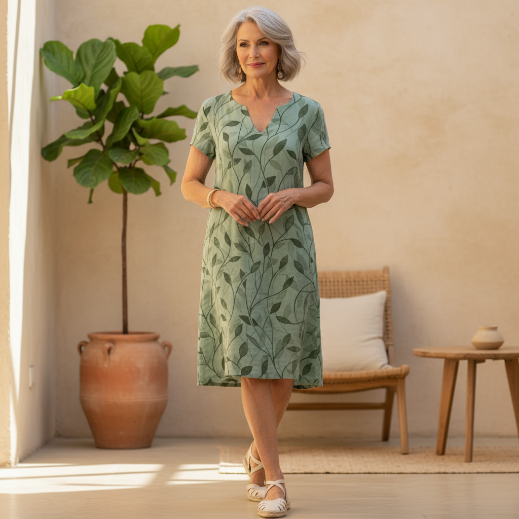 Women's leaf print summer shift dress, V-neck, casual & comfortable everyday style. Perfect for women's fashion.