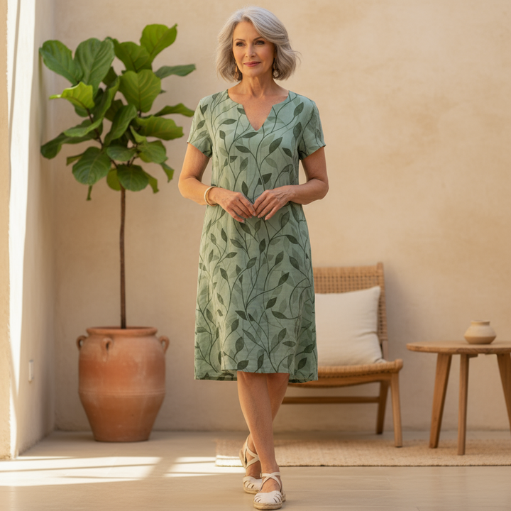 Women's leaf print summer shift dress, V-neck, casual & comfortable everyday style. Perfect for women's fashion.