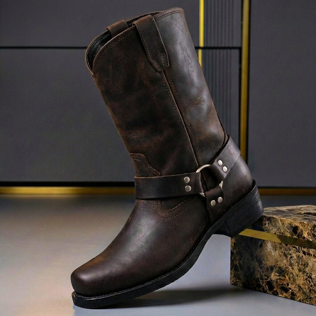 Rugged men's vintage heritage cowboy boots. Handcrafted leather footwear, perfect for smart casual & comfort.
