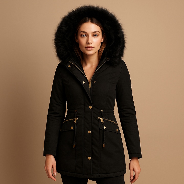 Stylish women's Liana winter coat with faux fur hood for cozy warmth in cold weather. Perfect everyday outerwear.