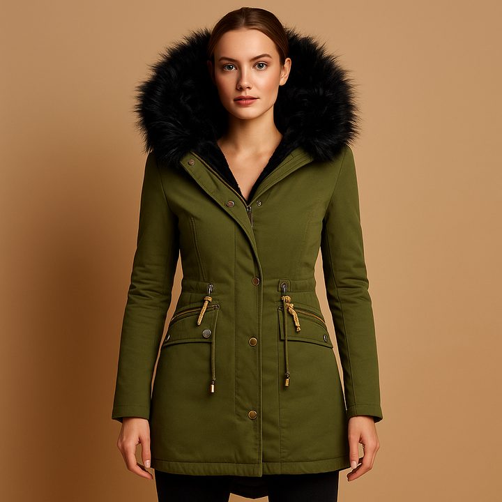 Cozy women's Liana winter coat, a stylish warm jacket with faux fur hood for ultimate comfort in cold weather.
