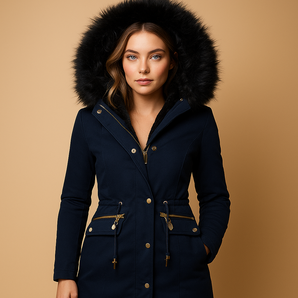 Women's Liana long sleeve winter coat, a warm and stylish outerwear jacket with a luxurious faux fur hood.