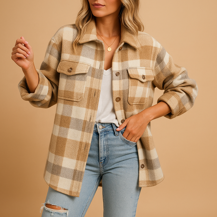 Modern women's oversized winter jacket, perfect for stylish layering & warmth in cold weather, a trendy fashion choice.