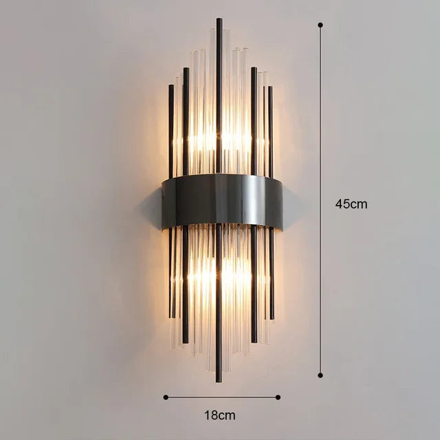 Elegant black finish LED wall sconce. Modern luxury indoor lamp with crystal glass. Perfect home decor.
