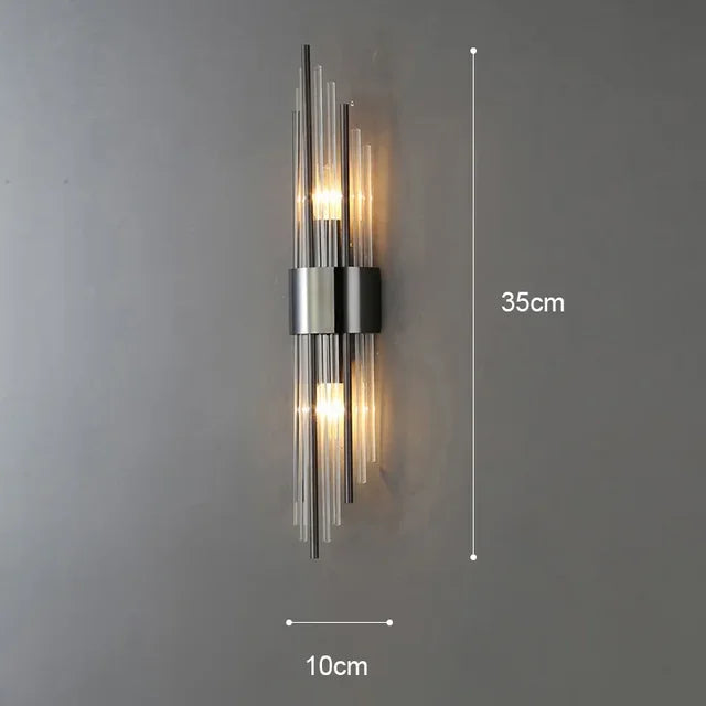 Crystal glass LED wall sconce, black finish, mounted on a wall. Regal and modern home lighting decor.