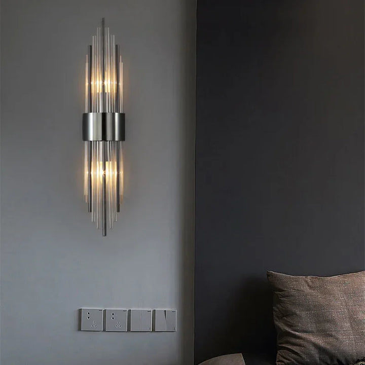 Sophisticated indoor LED accent light. Black finish Regal wall sconce with clear crystal glass.