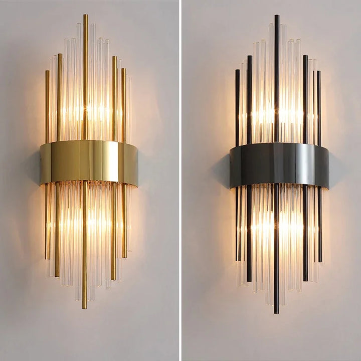 Contemporary black wall light. Regal LED indoor sconce with dazzling crystal glass. Home accent decor.