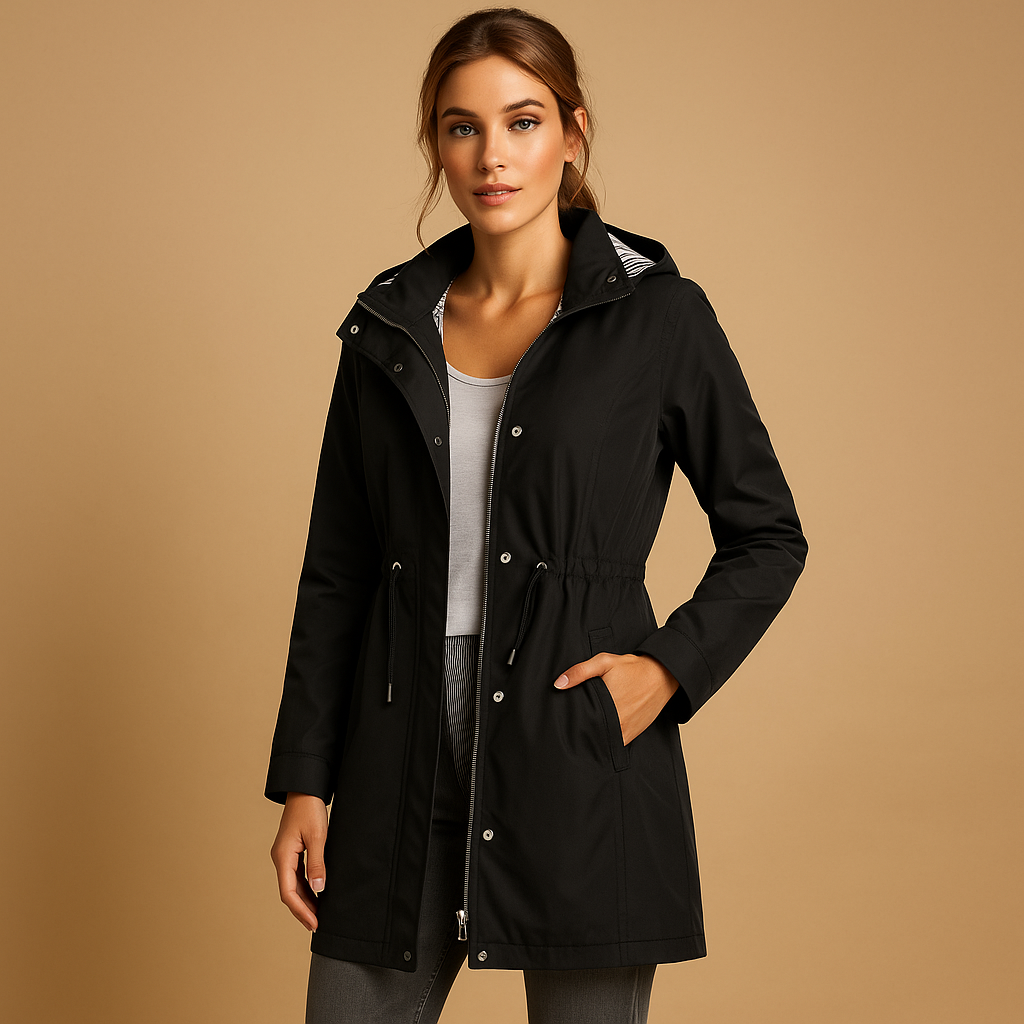 Women's lightweight hooded jacket, perfect for all-season outerwear. Features water-resistant fabric & adjustable waist.