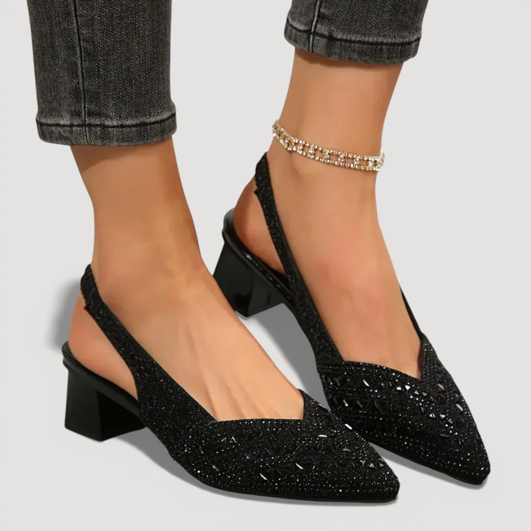 Chic glitter slingback heels for women. Comfortable block heel & elegant pointed toe. Ideal for formal events.