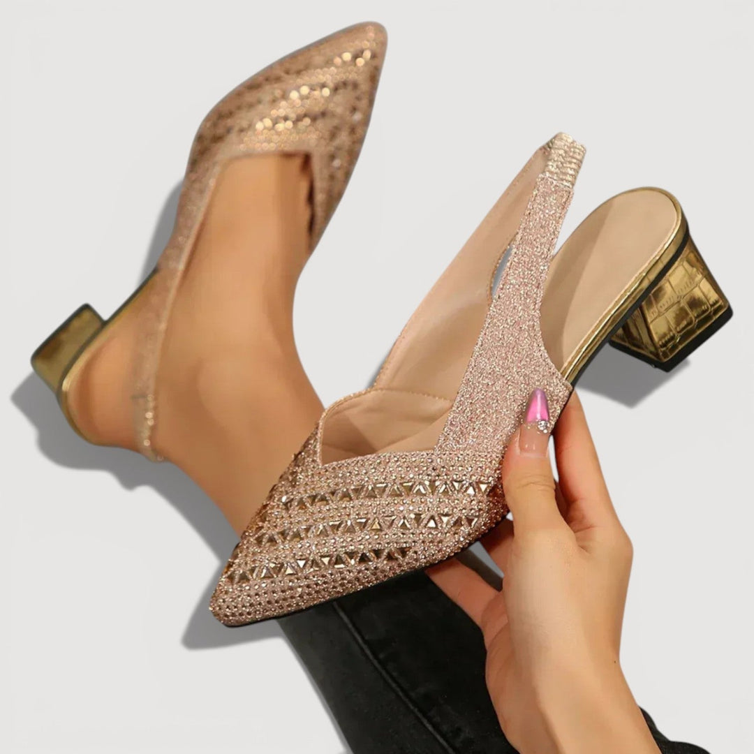 Versatile women's elegant glitter slingback heels. Block heel & pointed toe for office, parties, & events.