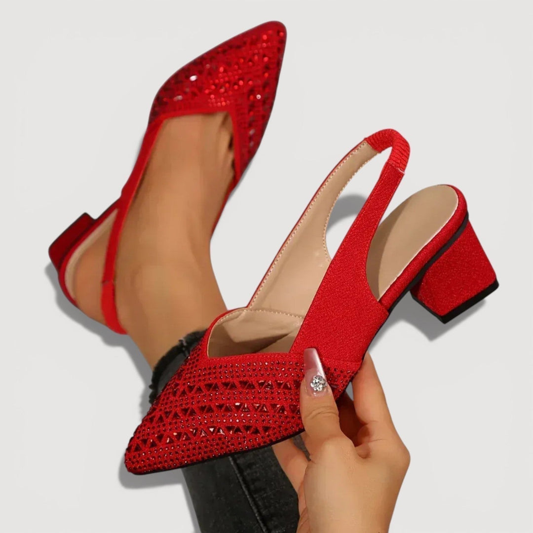 Fashionable glitter slingback heels for women. Elegant pointed toe & block heel offer style & comfort.