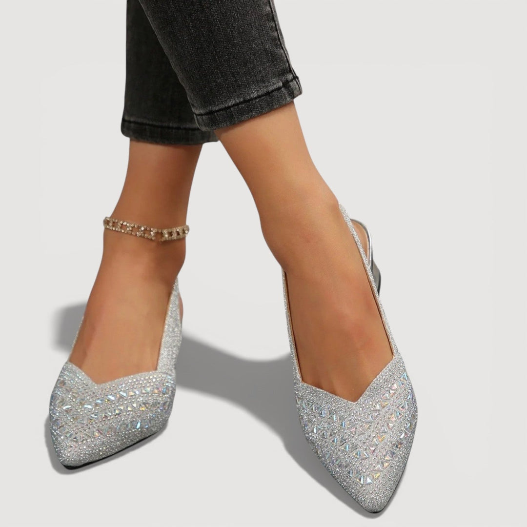 Stunning women's evening heels: glitter slingback, pointed toe, & comfortable block heel for sophisticated events.